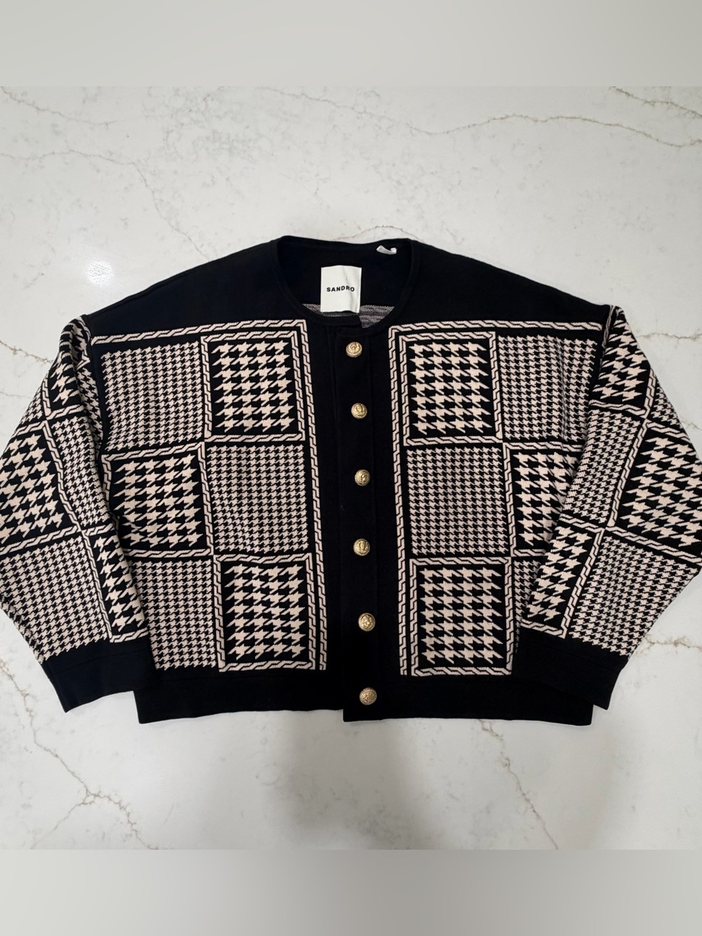 Sandro Houndstooth Jacquard Knit Cardigan Jacket Gold Buttons Size 3